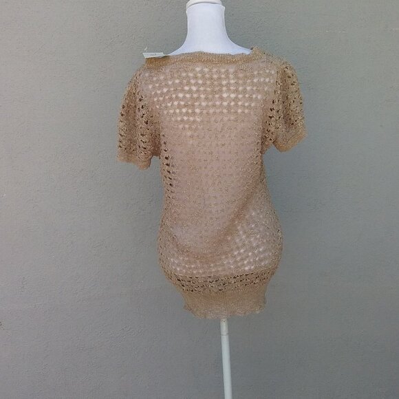 Anthropologie Solitaire Women's Preppy Bohemian Open Weave Cardigan Tan Size Med - Picture 4 of 5